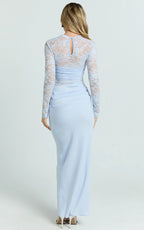Crisanta Maxi Dress - Long Sleeve Contrast Lace Bodycon Dress in Pale Blue