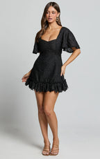 Fancy A Spritz Mini Dress - Square Neck Dress in Black Embroidery