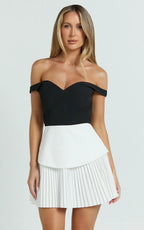 Izara Mini Dress - Off Shoulder Pleated Dress in Black/White