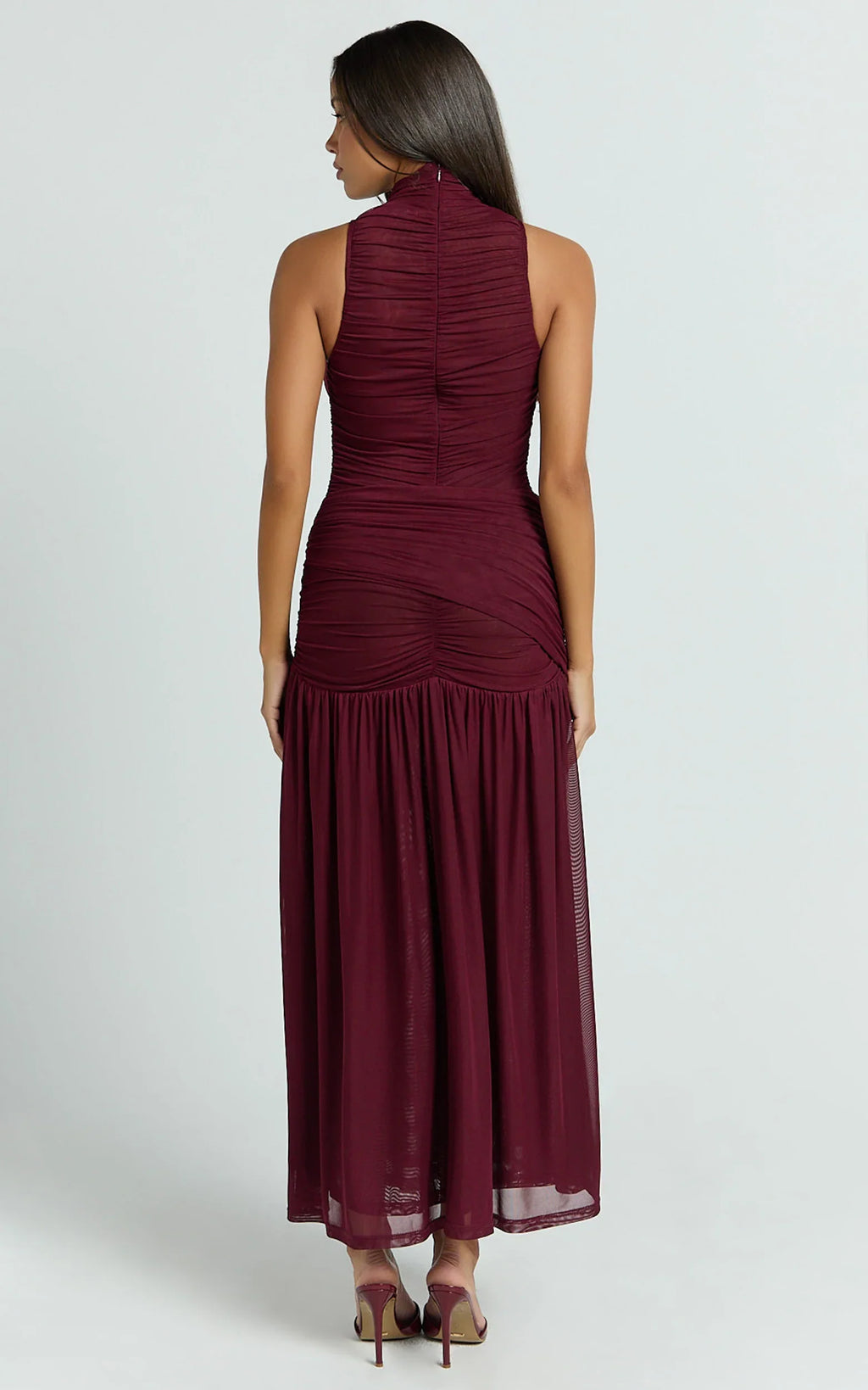 Metzie Midi Dress - High Neck Gathered Mesh Dress in Burgundy