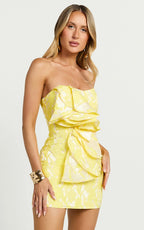 Amalie The Label - Frederika Strapless Ruffle Detail Jacquard Mini Dress - In Yellow