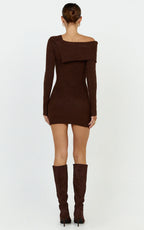 Tess Mini Dress - Asymmetric Off Shoulder Long Sleeve Knit Dress in Chocolate