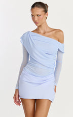 Cyra Mini Dress - Long Sleeve Drape Overlay Dress in Blue