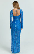 Inez Maxi Dress - Boat Neck Long Sleeve Ruched Dress in Blue