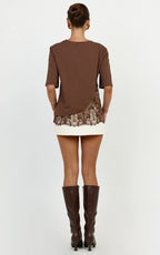 Abby Top - Asym Tee with Lace Trim in Chocolate