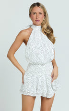 Bryonie Mini Dress - Backless Halter Dress in Ivory With Black Polka Dot