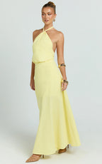Violetta Maxi Dress - Backless Linen Look Hater Neck Dress in Lemon