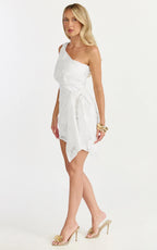 Brailey Mini Dress - One Shoulder Wrap Front Dress in White Jacquard