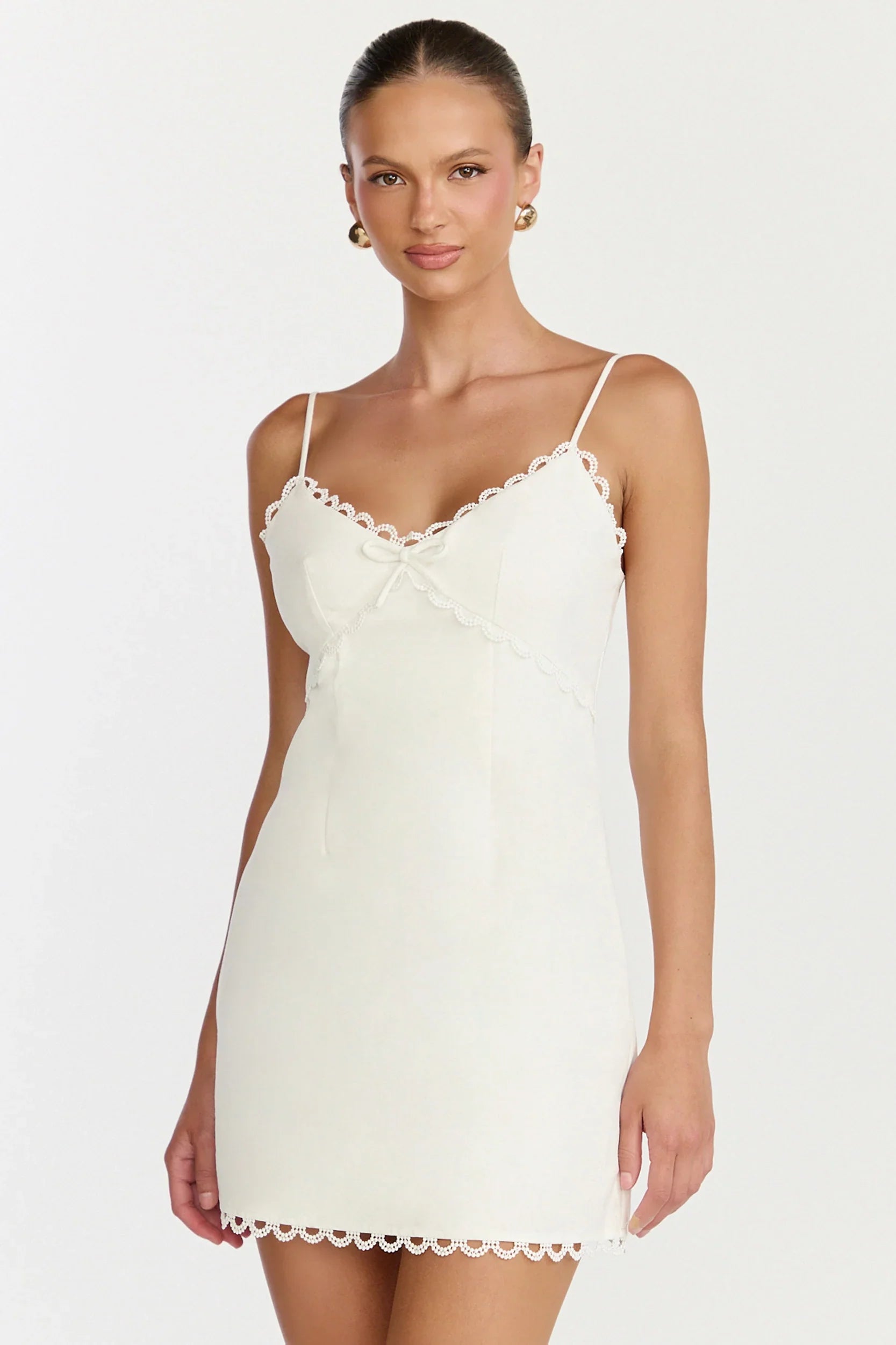 Loya Mini Dress - Scallop Lace Trim Mini Dress in Off White