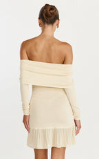 Roxy Mini Dress - Off Shoulder Long Sleeve Pleated Skirt Dress in Cream