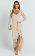 Rhea Maxi Dress - Long Sleeve Ruched Ruffle Hem Dress in Blush