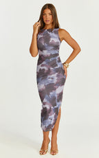 Loralie Midi Dress - Mesh High Neck Bodycon Dress in Blue Blur