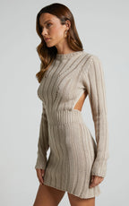Ghamie Mini Dress - Knit Bodycon Long Sleeve Open Back Dress in Beige