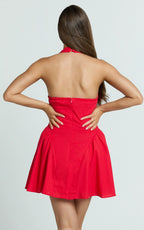 Alexi Mini Dress - Halter Deep V Fit And Flare Dress in Red
