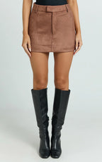 Priscilla Mini Skirt - Mid Waist Faux Suede Skirt in Brown Tan