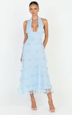 Azalea Midi Dress - Halter Neck 3D Floral Fit And Flare Dress in Blue