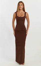 Stormi Maxi Dress - Balconette Bodice Side Split Dress in Chocolate