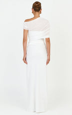 Nami Maxi Dress - Overlay Off Shoulder Draped Cowl Waist Dress in White