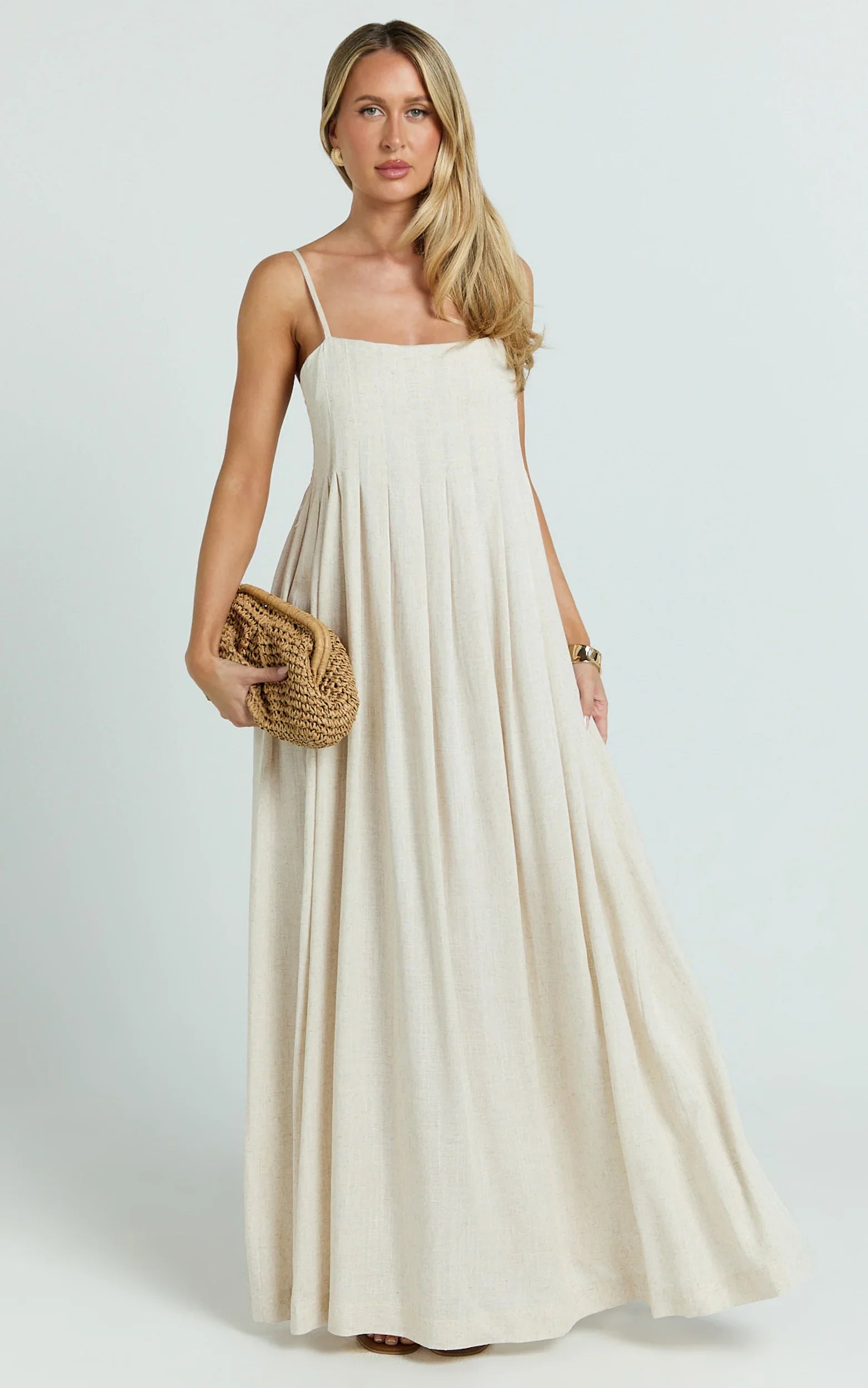 Yanna Midi Dress - Square Neckline Pleated Dress in Beige
