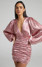 Richmond Mini Dress - Long Sleeve Ruched Dress in Dusty Pink
