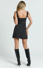 Chrysoula Mini Dress - Square Neck Zip Front Sleeveless Bodycon Denim in Washed Black