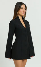Layton Mini Dress - V Neck Long Sleeve Button Front Tulip Skirt Dress in Black