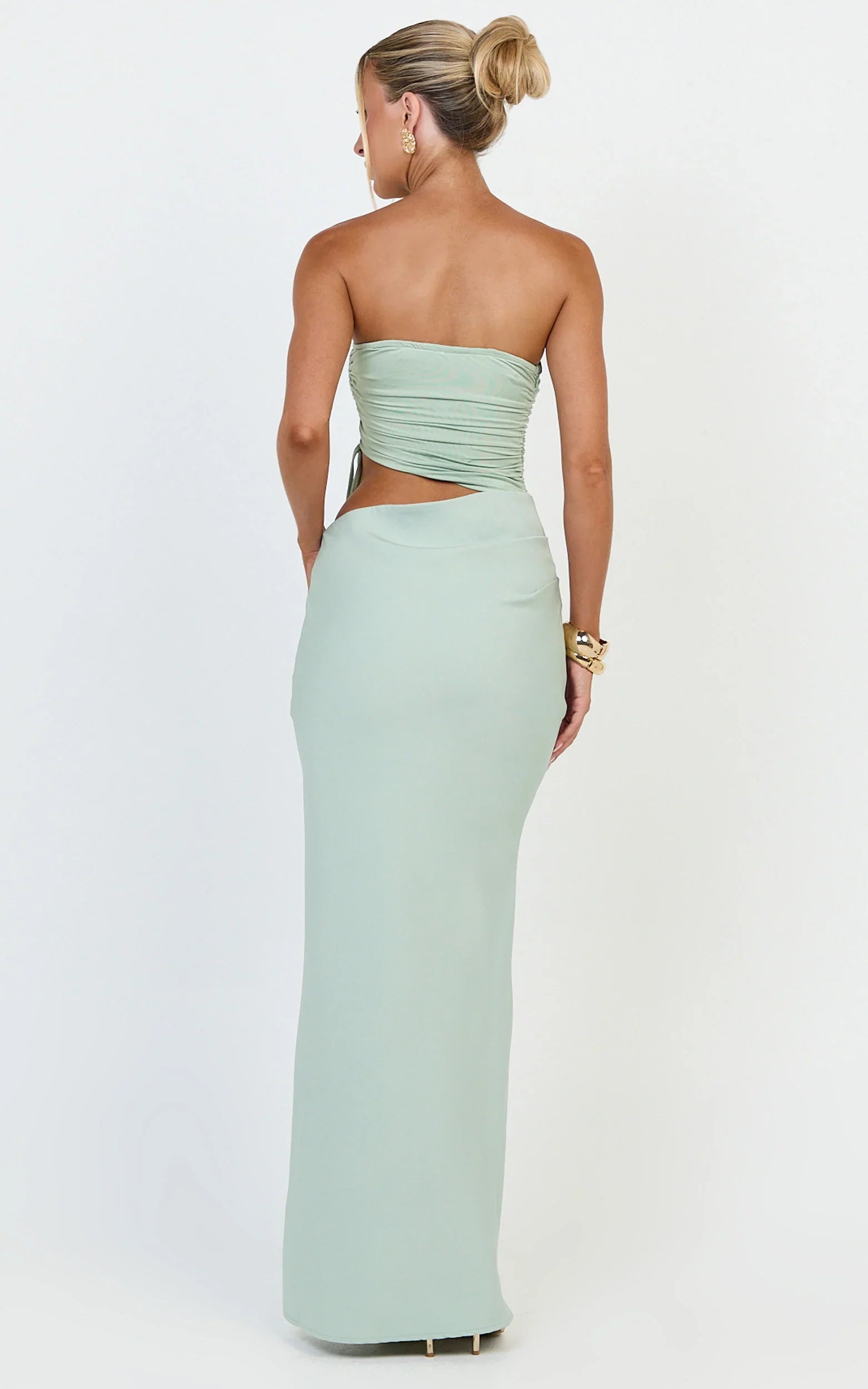 Fergie Maxi Dress - Strapless Side Ruched Cut Out Fitted Dress in Sage