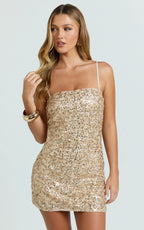 Lily Mini Dress - Sequin Square Neck Shift Dress in Gold