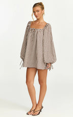 Brixton Mini Dress - Square Neck Smock Dress in Chocolate