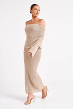 Marisol Off Shoulder Boucle Maxi Dress - Wheat