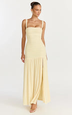 Cardi Maxi Dress - Ruched Mesh High Leg Split Dress in Lemon