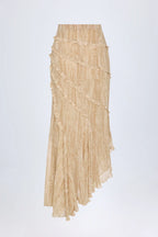 Ruffled Asymmetric Mid-Rise Maxi Skirt in Tan Print