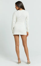 Tarah Mini Dress - Wrap Front Twist Trim Knit Dress in Ivory