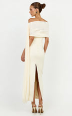 Elina Maxi Dress - Off Shoulder Contrast Mesh Draped Overlay Dress in Cream
