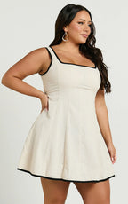 Antoni Mini Dress - Linen Ruched Back Square Neck Fit and Flare Dress in Natural