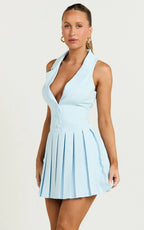 Hannah Mini Dress - Tailored Button Down Pleated Mini Dress in Blue