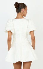 Rosalie Mini Dress - Floral Jacquard V Neck Fit and Flare Dress in White