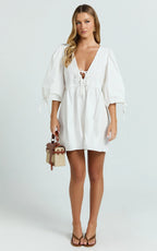 Rosita Mini Dress - Tie Front Puff Sleeve Dress in White