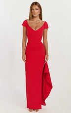 Skye Maxi Dress - V Shaped Neckline Short Sleeve Dress in Red