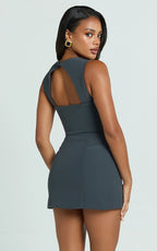 Jenni Mini Dress - Zip Through Square Neck Open Back Dress in Dusk Grey