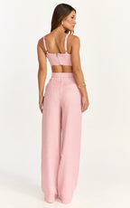 Sylvia Two Piece Set - Corset Top and High Waisted Wide Leg Pants Set in Pink