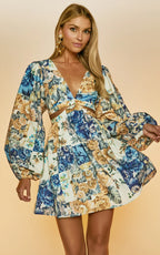Emily Mini Dress - V Neck Long Sleeve Cut Out Dress in Patchwork Floral