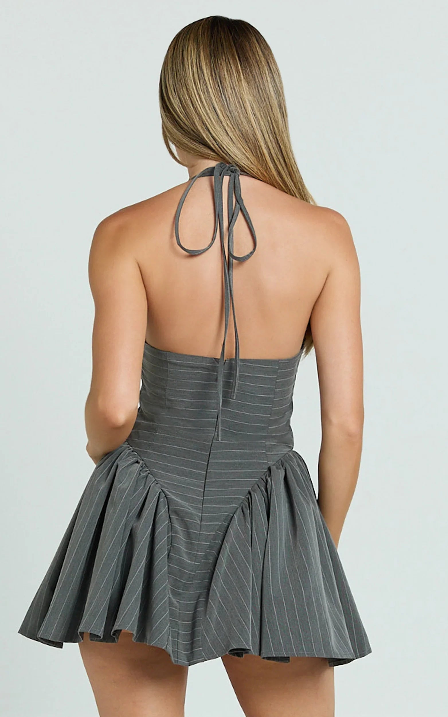 Wilda Mini Dress - Halter Tie Sweetheart Neck Fit And Flare Dress in Dark Grey
