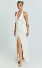 Cleo Maxi Dress - Halter Neck Floral Trim Cut Out Fitted Dress in Ivory