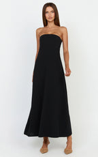 Emmie Midi Dress - Strapless Trapeze Dress in Black