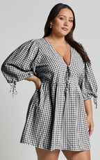 Rosita Mini Dress - Tie Front Puff Sleeve Dress in Black and White Check