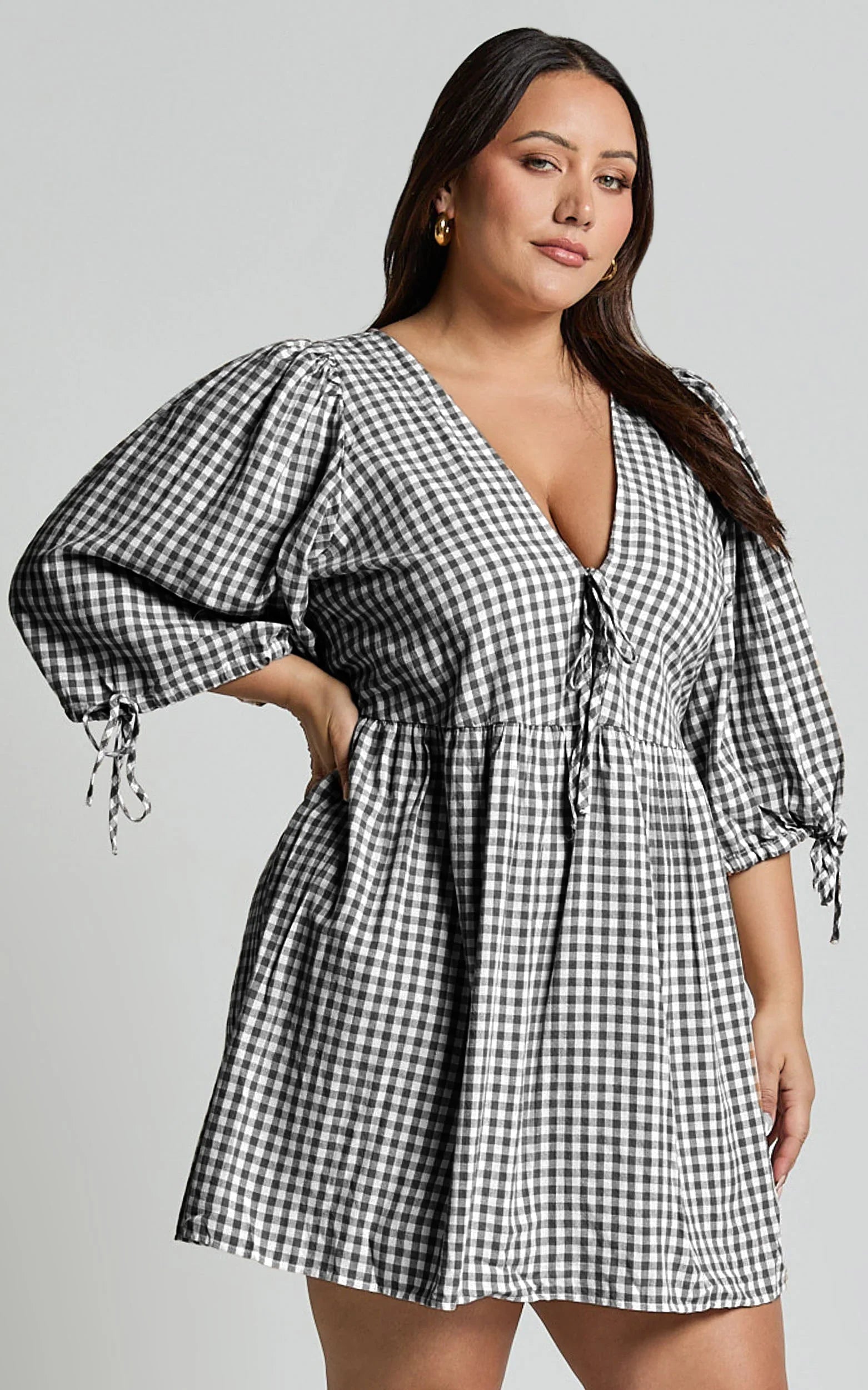 Rosita Mini Dress - Tie Front Puff Sleeve Dress in Black and White Check