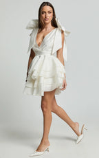 Roxanne Mini Dress - Shoulder Tie Plunge Ruffle Dress in White