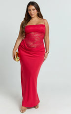 Rania Maxi Dress - Contrast Lace Bodice Bias Cowl Drop Waist Dress in Red