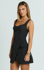 Rachel Mini Dress - Square Scoop Neck Buckle Pocket Leg Split Knee Length Dress in Black